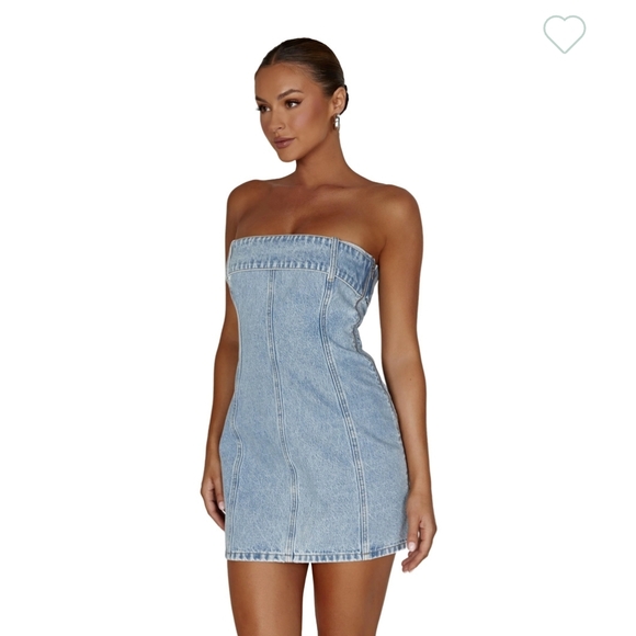 MESHKI Teddi Denim Strapless Mini Bodycon Dress Size LG - Picture 2 of 14